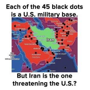 I have used this map before; but then there were only 20 or so U.S. bases surrounding Iran. Now it appears that Juan Cole - usually a reliable source - suggests the number is up to 45)
