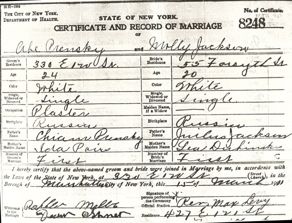 1911 - March 15 - Abe Prensky - Molly Jackson Marriage Certificate