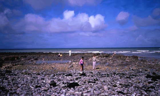 the beach and cliffs at Le Puys. Note to rocks - mostly flint stones which made the landing that much more difficult. Also the narrow beach and the steep cliffs.