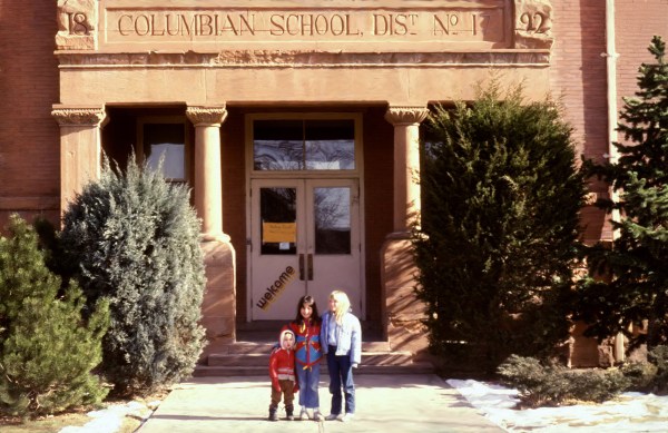 January, 1985. Entrance to Columbian School (40th and Federal, Denver) before it was renovated into a much worse, less functional building...From left to right: Abbie Prince, Molly Prince, Bethany Frisbee
